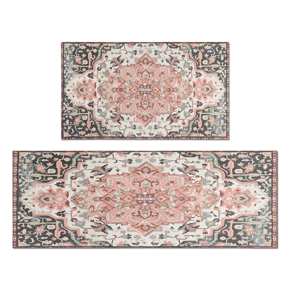 2 Piece Bohemian Light Orange Carpet Rug Kitchen Rug Set, Decor Kitchen Rugs, Absorbent Non-Slip Washable Floor Mats, Home Indoor Runner Rugs 17"x47" 17"x30"