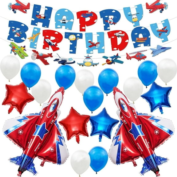 A set of decorations for a birthday party with an airplane theme