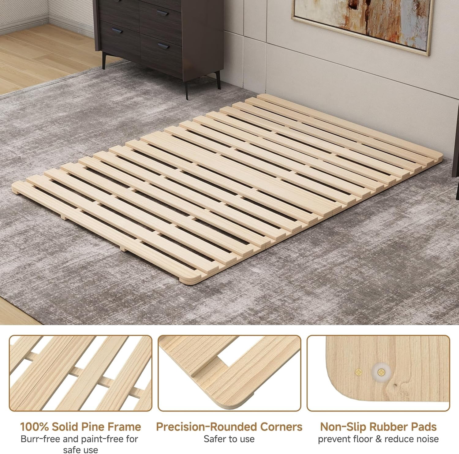 ABORON Floor Bed Frame, Folding Tatami Futon Frame, Breathable Moisture-Proof Bed Plate, Solid Wood Slat Floor Bed Frame, Japanese Floor Tatami Bed for Floor Sleeping or Futon Mattress, Full Size