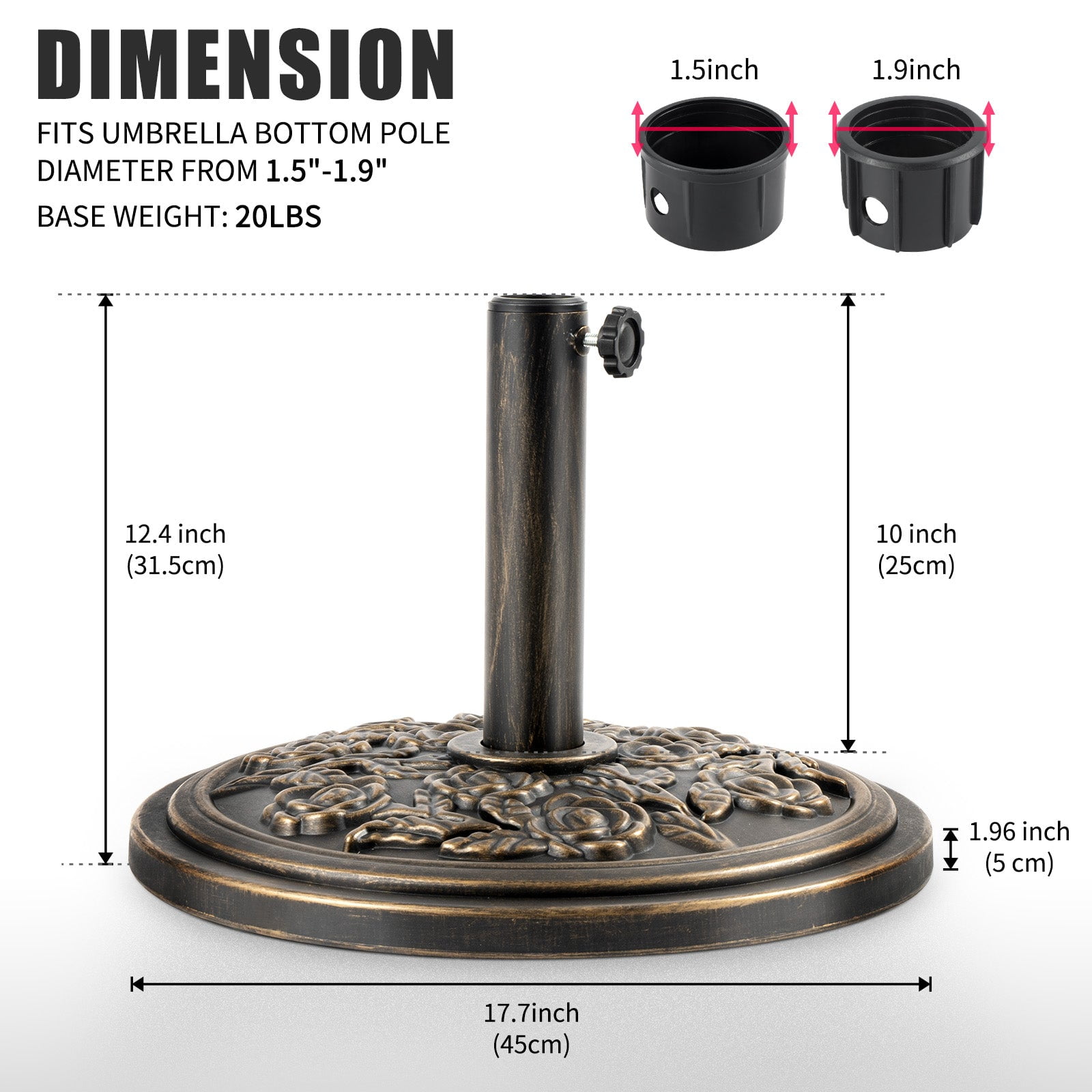 18 Inch Cast Stone Patio Umbrella Base, Bronze Powder Coated Finish