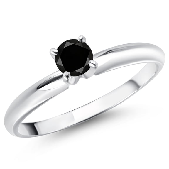 Gem Stone King 14K White Gold Black Diamond Solitaire Engagement Ring for Women (0.27 Cttw, Round 4MM, Gemstone April Birthstone, Size 8)