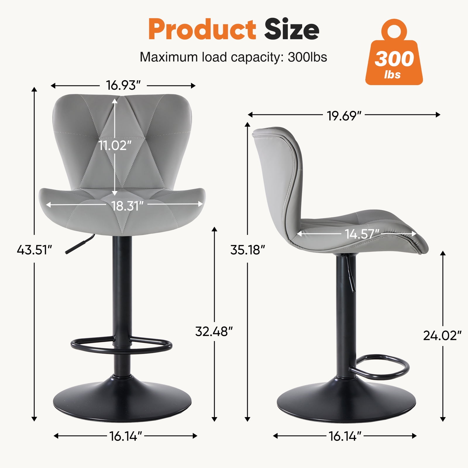 EDX Bar Stools Set of 2, Modern Adjustable Armless Swivel Counter Stools with PU Leather, Gray