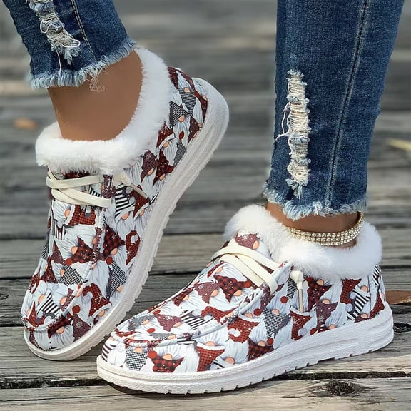 Willtoo Womens Fall Winter Pumpkin Plaid Fleece Lined Moccasin Slip On Footwear Warm Low Top Flat Canvas Cold Weather Footwear with Fluffy Faux Fur Collar