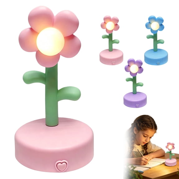 Colorful Floral Table Lamp Cute Heart Shaped Night Light Romantic Portable Desk Light for Bedroom Living Room Office Decor (Pink)
