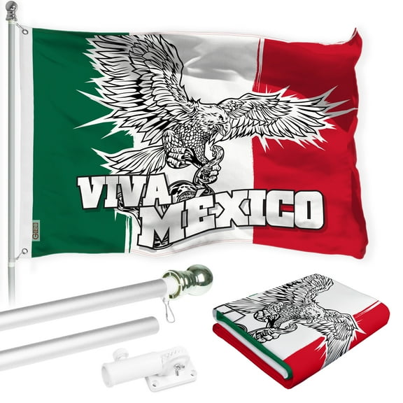G128 Combo Pack: 6 Ft Tangle Free Spinning Flagpole (Silver) & Mexico Viva Mexico Flag 3x5 Ft Printed 150D Polyester, Brass Grommets (Flag Included) Aluminum Flag Pole