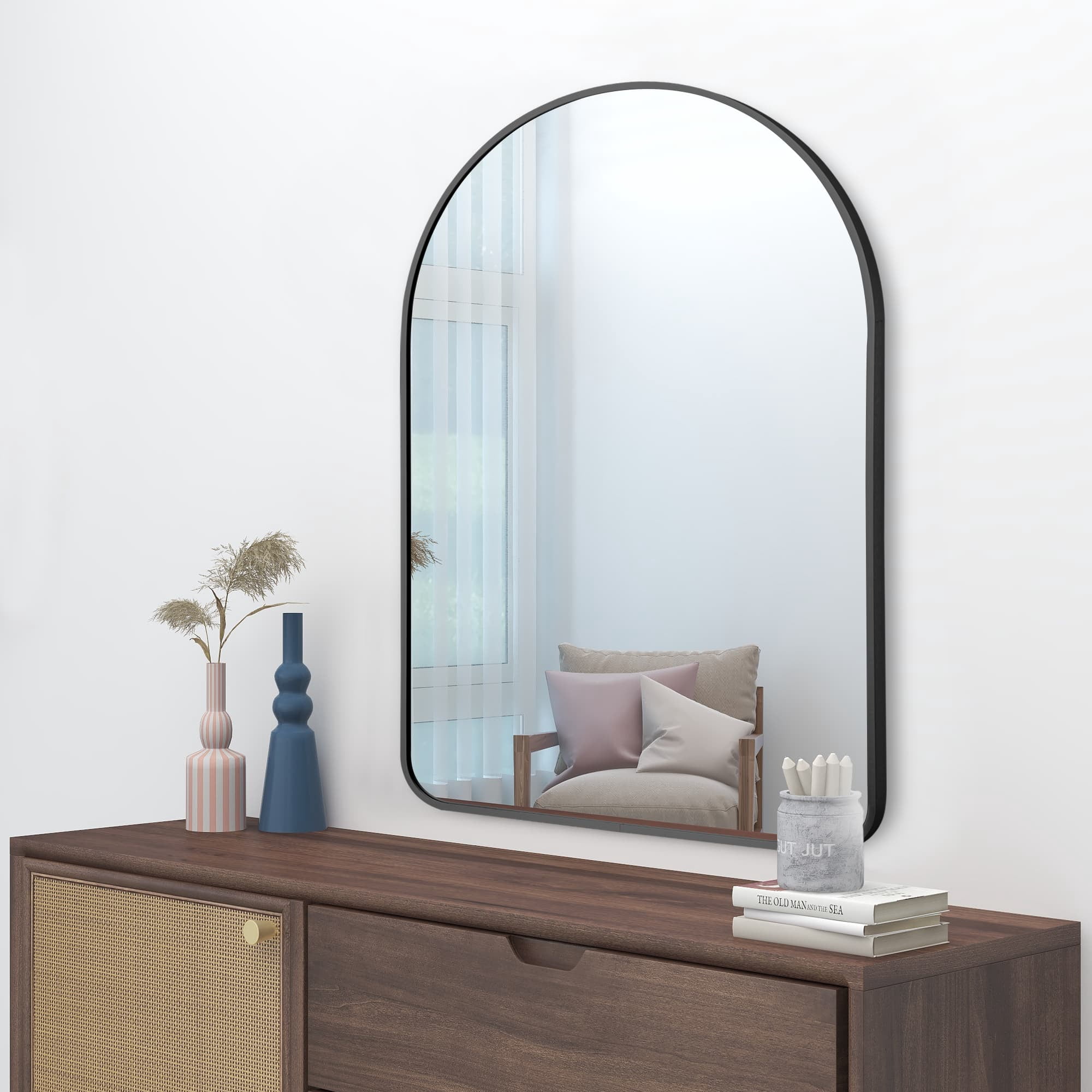 MAYEERTY 36"×24" Black Aluminum Slim-Frame Arched Wall Mirror Rounded Corners, Modern Look for Bathroom or Bedroom