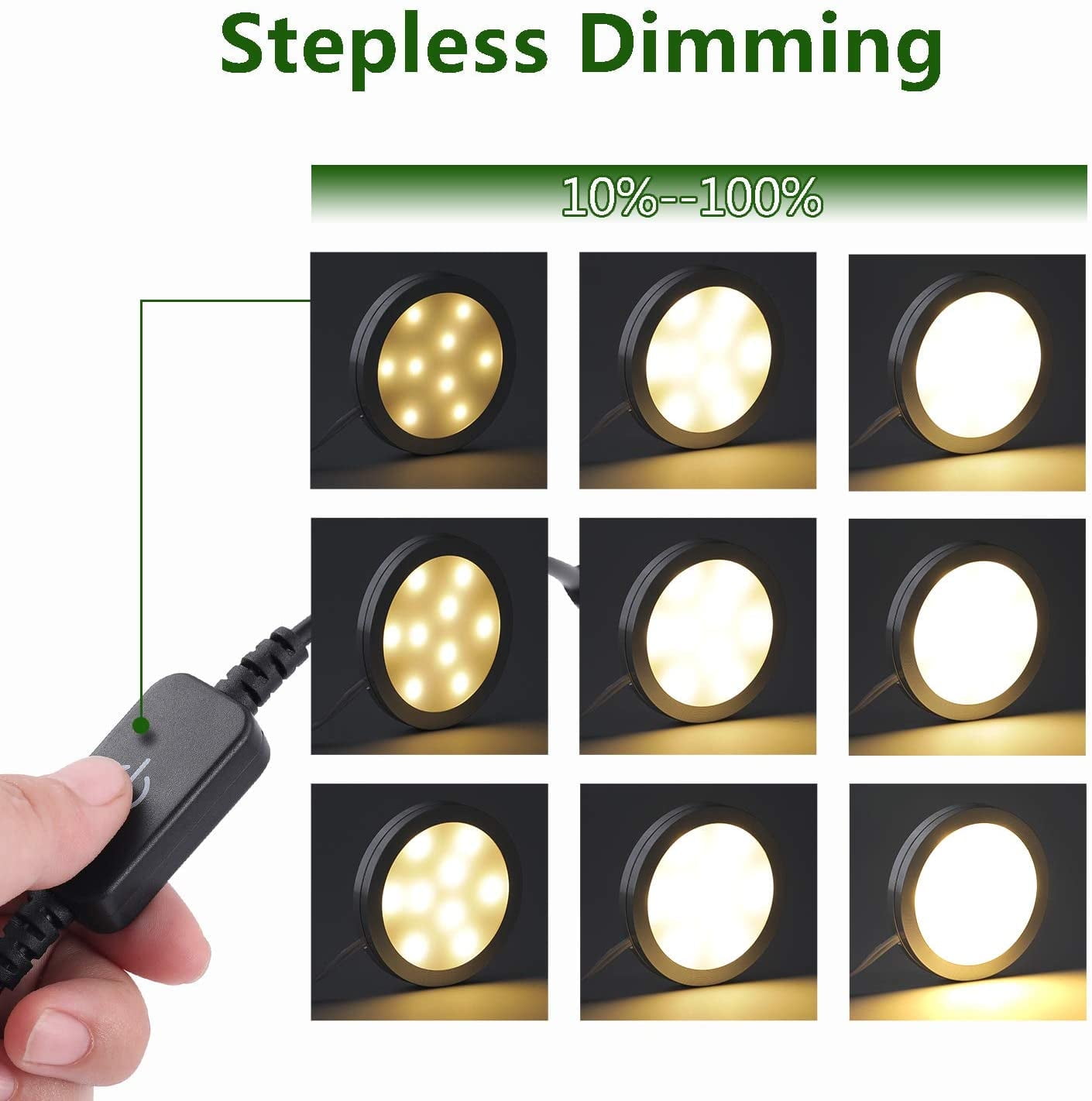 Under Cabinet LED Puck Lighting Kit with Touch Dimmer Switch - Black Cover, Daylight White (6 Lights) for Kitchen Cupboard and Closet Lighting