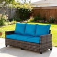 thumbnail image 2 of Decksplore 3-Seat All-Weather Outdoor Rattan Sofa, High Back Brown Wicker Patio Sofa with Peacock Blue Cushions for Backyard Garden Patio Lounge, 2 of 8