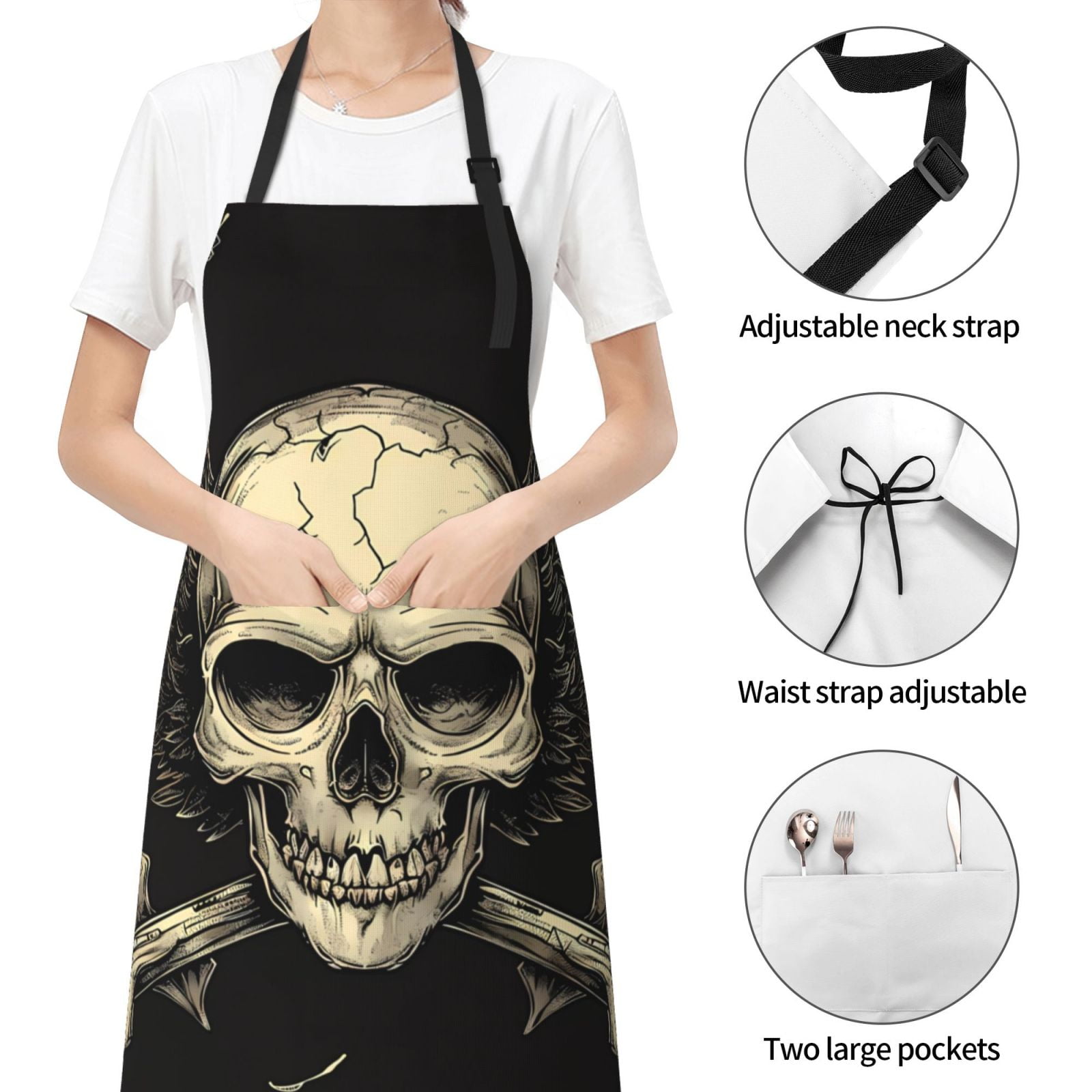 Kdxio Gothic Winged Skull Apron with Pockets Adjustable Kitchen Aprons for Men Women Waterproof Aprons for Cooking,Drawing,Crafting, Baking Household Cleaning