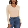 thumbnail image 2 of APEXFWDT Women's V-Neck Thermal Top Long Sleeve Undershirt Stretchy Fitted Base Layer T-Shirt Fall Winter Comfortable Daily Wear,XL,Khaki, 2 of 6