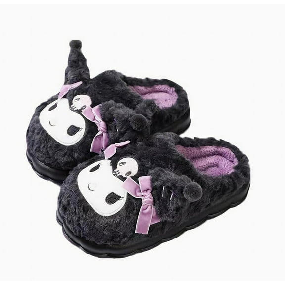 Kuromi Cute Women's Plush Slippers - Warm Indoor & Outdoor Slippers Black 4041