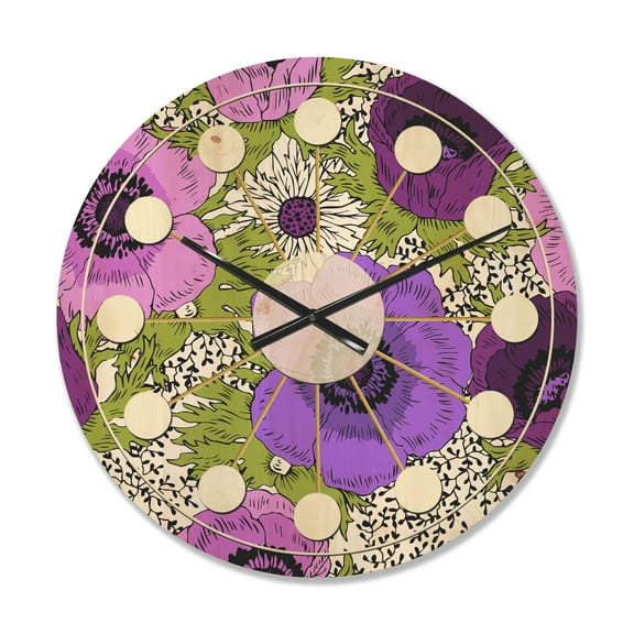 Designart 'Purple Fantasy Flowers Retro Pattern' Mid-Century Modern Wood Wall Clock