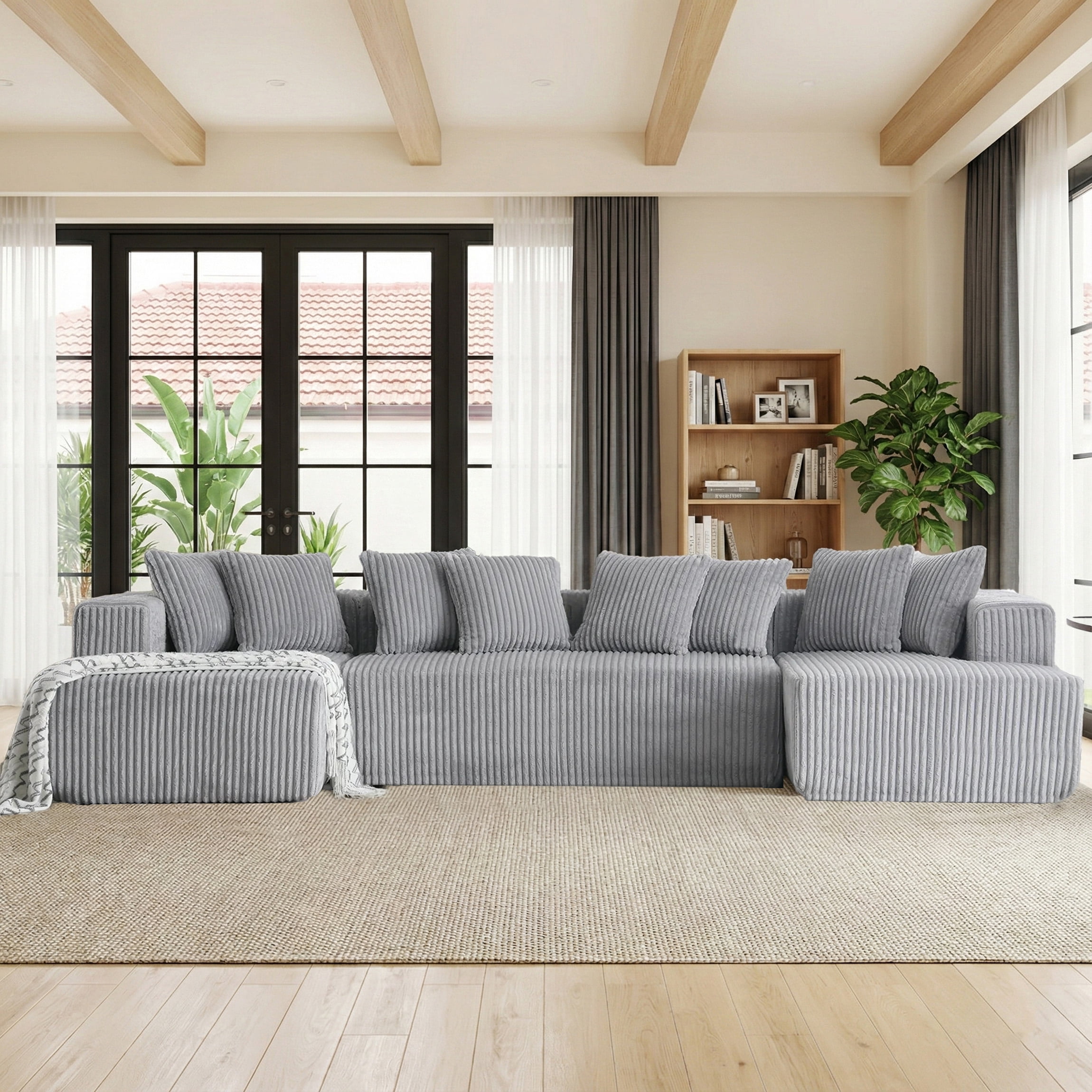 SEENYOO 130" Boneless Couch, Modern Couches for Living Room, U-Shaped 4-Seat Modular Sofa with Chaise, Oversized, No Assembly, Gray