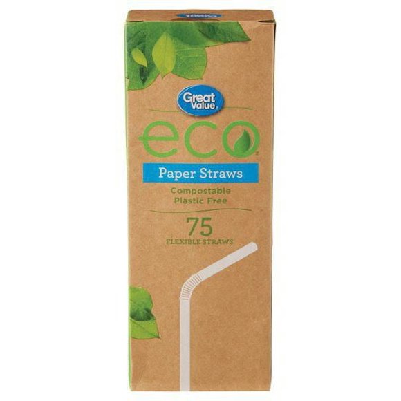 Great Value Pailles en Papier Flexibles Compostables Sans Plastique, 75 Pailles