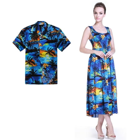 Couple Matching Hawaiian Luau Aloha Shirt Maxi Tank Dress in SunBlue S