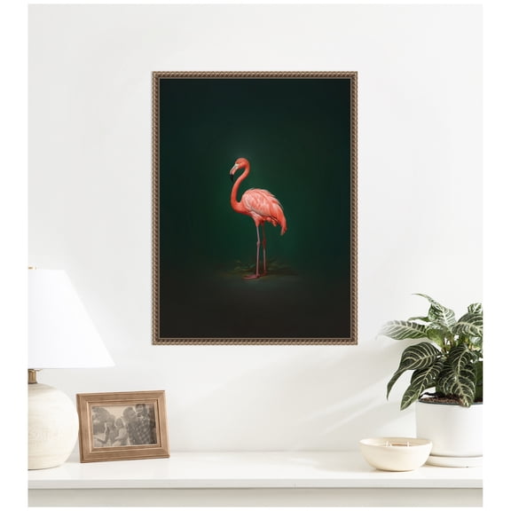 Kate and Laurel Framed Canvas Wall Art Print Flamingo Side View Rich Green Backdrop by The Creative Bunch Studio, 18 x 24 Sylvie Beaded Dark Gold Frame, Modern Contemporary, Animal Art for Wall Decor