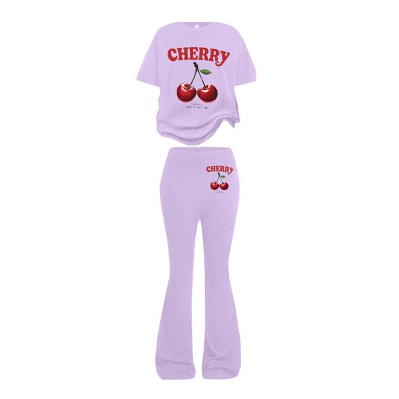 CPNG Girls Cherry Print Outfits Round Neck Short Sleeved T Shirts and Matching Flare Pants 2 Pieces Casual Cute Sweatsuits Set