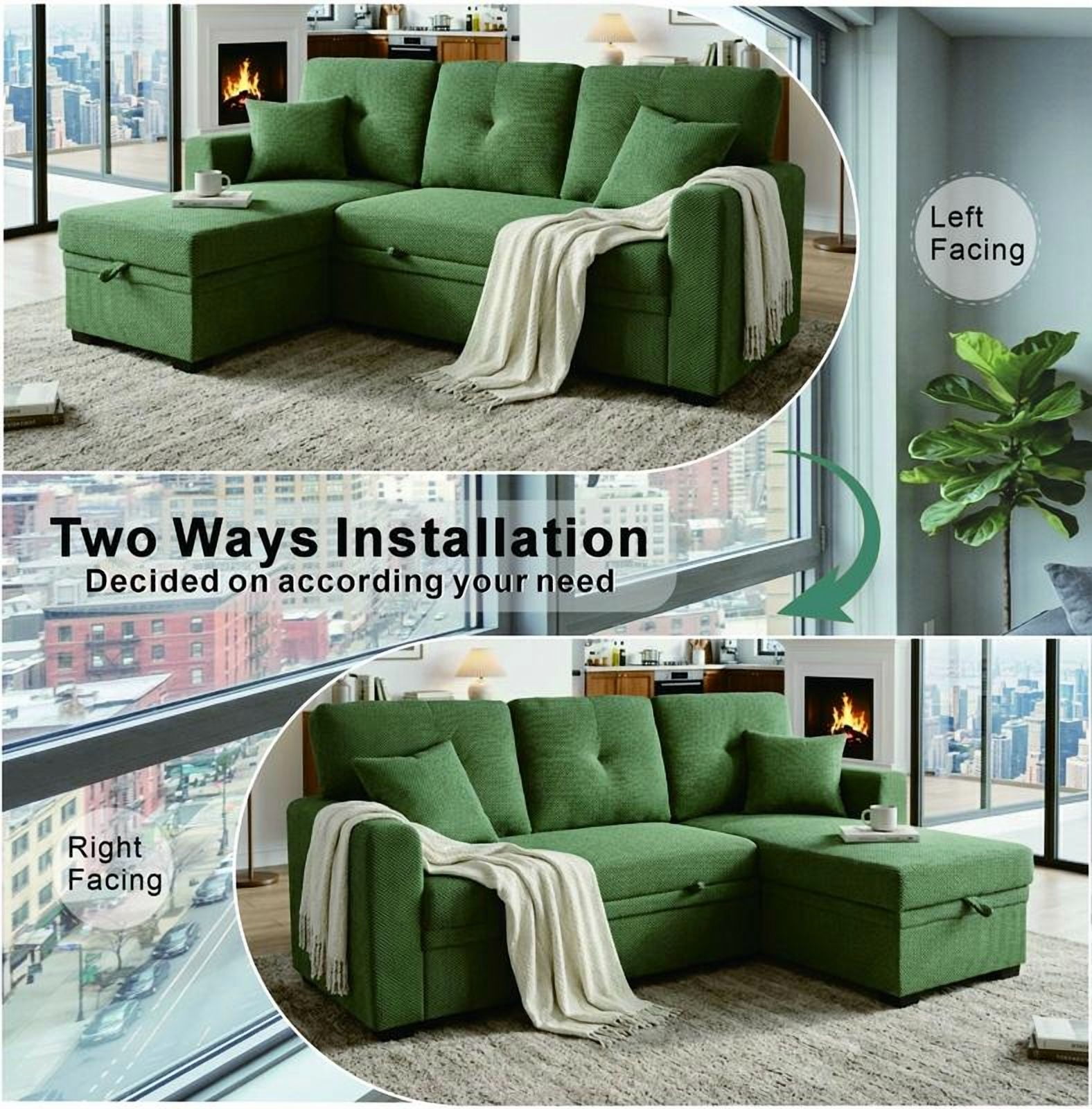 Howcool Sectional Sleeper Sofa with Pull-Out Bed,Reversible Storage Chaise,L-Shaped Convertible Couch for Small Living Room,Dark Green,Coffee Bean