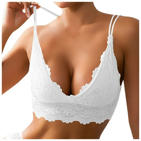 khonts,Women's Lace Wireless V Neck Camisole Supportive Push up Lush Lift Crop Top Spaghetti Strap Thin Pad Bras White XL
