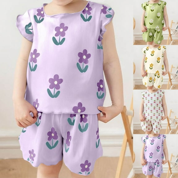 Swuxness Little Girls Casual 2 Piece Sets, Summer Short Sleeve Sets for Kids, Children's Summer Flower Print Short Sleeve Round-Neck Blouses Clothes Suit for Kids Green, 3-4 Years