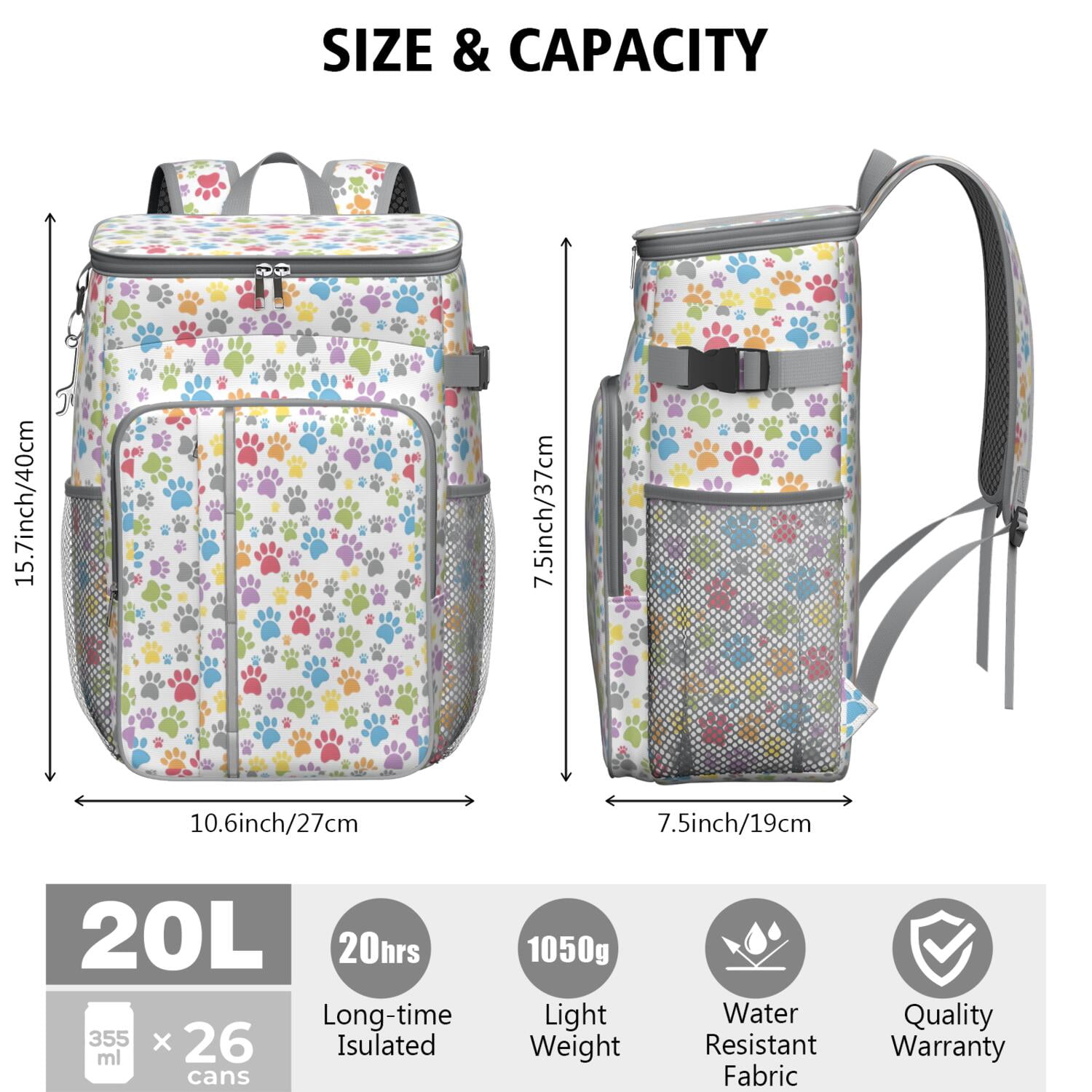 Travel Cooler Bag - White Dog Paw Footprint Camping Beer Cooler Backpack with Bottle Opener- Waterproof Insulated Picnic Backpacks - Cooler Bag for Beach