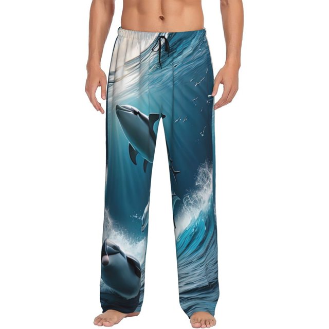 Daiia Ice Blue Ocean Cute Dolphin A Print Men's Sleep Pant with Pockets and Drawstring,Pajama Pants-3X-Large