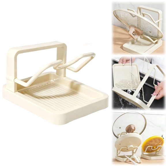 Kitchen Pot Lid Storage Rack With Tray, Multifunctional Lid Holder and Spoon Rest, Countertop Organizer Stand, White Plastic