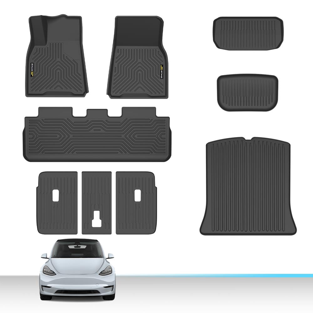 Floor Mats & Cargo Liner Fit for Tesla Model Y 2020-2024 5-SEAT (NOT for 7-SEAT) TPE All Weather Custom Fit Cargo Trunk Backrest Liners 1st & 2nd & 3rd Row 9PCS Black