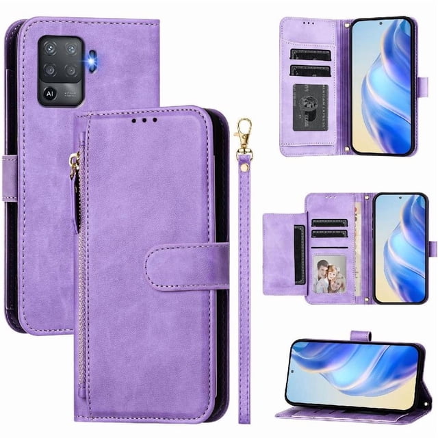 Filp Case for OPPO F19 PRO Zipper Pocket Magnetic Flip Wallet Phone Case with 7 Card Slots and Wrist Strap