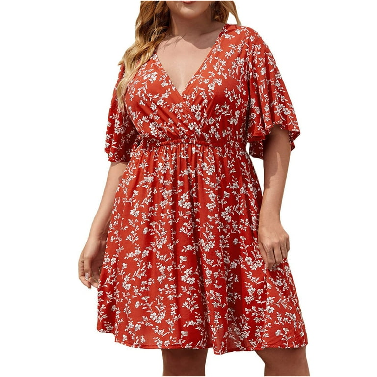 Finelylove Church Dresses For Women 2023 Plus Size High Low Dress V-Neck  Printed Short Sleeve Sun Dress Red 