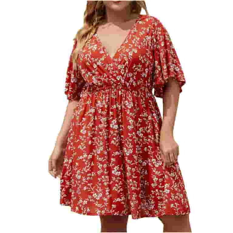 Women's V-Neck Print Loose Cropped Sleeve Dress Women's V-Neck Print Loose Cropped Sleeve Dress