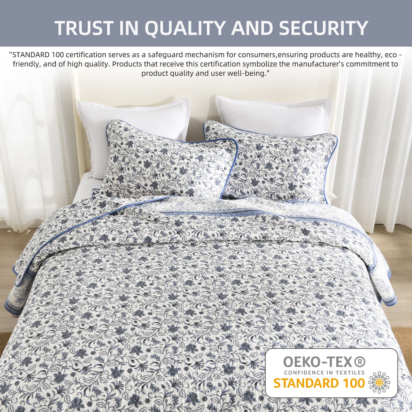 PANGUSHAN 100% Cotton Queen Quilt Set, Floral Queen Size Quilt Bedding Set Bedspreads, Reversible Botanical Patterns Quilted Lightweight Comforter, Blue/White/Gray Bed Spread for Queen Bed
