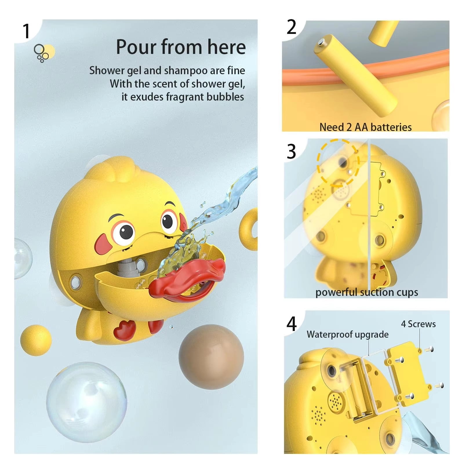 Electric Bubble Machine for Bath – Continuous Bubble Blower, Duck Shape with Music, Suction Cup, Battery Operated