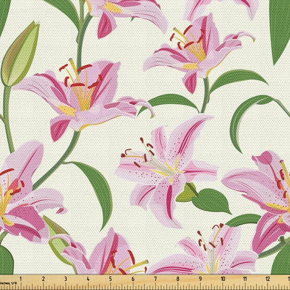 Ambesonne Tropical Fabric by the Yard Upholstery, Lilies Simplistic Plot, 1 Yard, Fern Green and Soft Pink