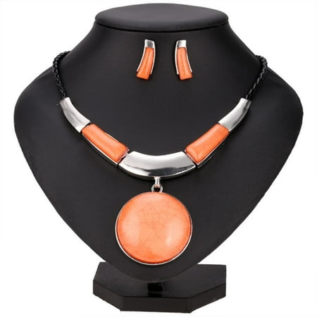 Fashion Women Round Silver Plated Pendant Faux Leather Rope Necklace Earrings Jewelry Sets