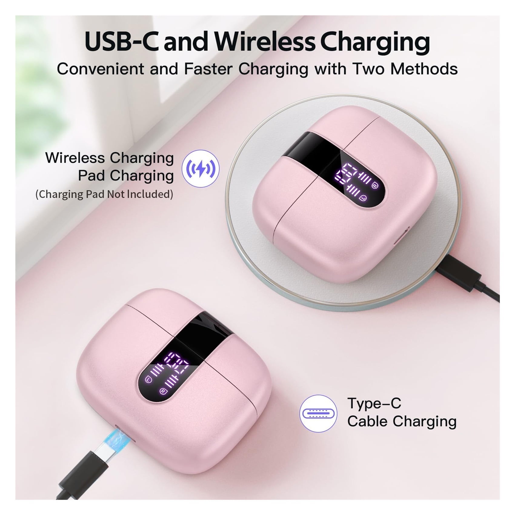 Bluetooth Headphones True Wireless Earbuds 60H Playback LED Power Display Earphones with Wireless Charging Case IPX5 Waterproof in-Ear Ear buds with Mic for TV Smart Phone Laptop Computer Sports