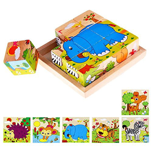 Muwanzi Lewo Wooden Animal Block Puzzle Cube Pattern Blocks Animals Jigsaw Puzzles Boys Girls Toddlers 2 3 4 Cube Puzzle