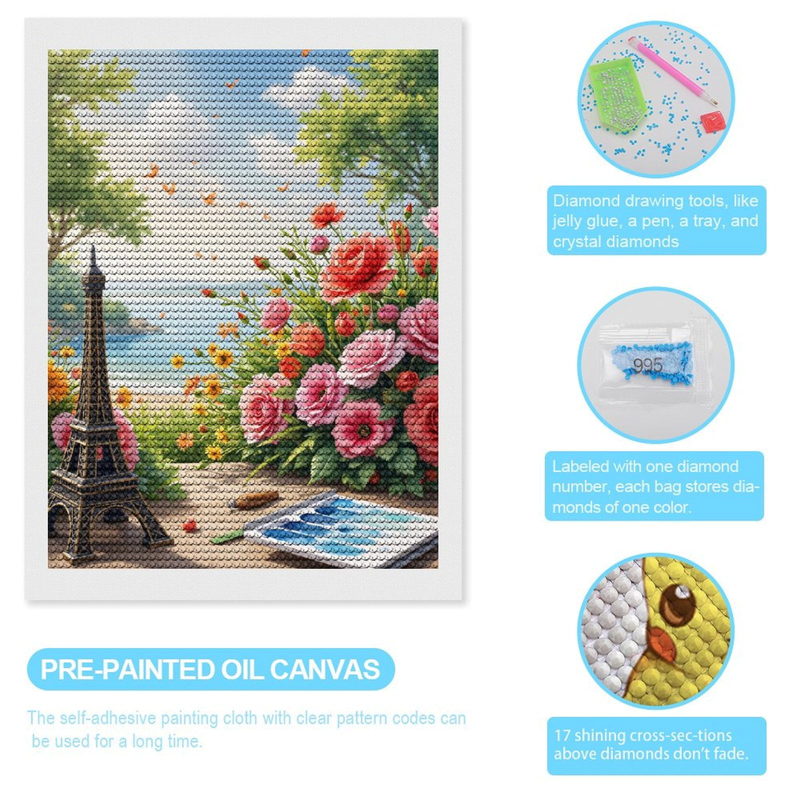 Diamond Art Kits for Adults, Roses Seaside Art Miniature Eiffel 5D Diamond Painting Kits for Adults Beginners, DIY Full Drill Diamond Painting, Gem Art and Crafts 12x16