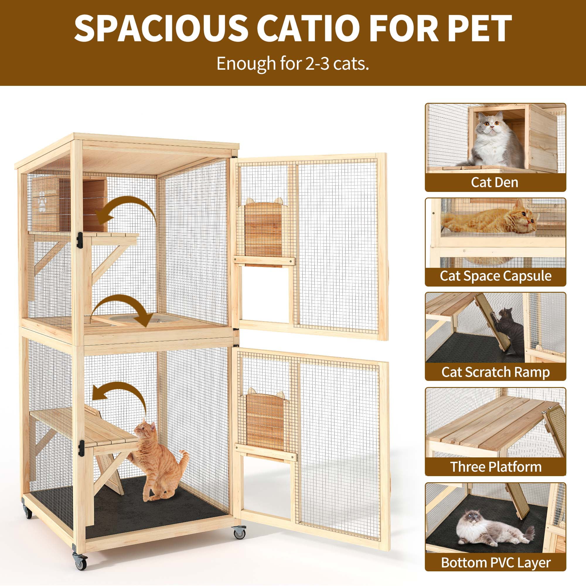 Uforic Catio Outdoor Cat House with Wheels,Wooden Cat Enclosure Resting Box with 4 Platforms, 71 inch Kitten Condo Pets Cage, Brown