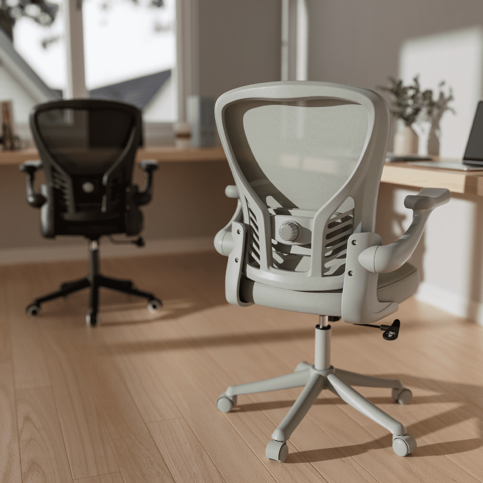 HomeZeer Ergonomic Office Chair, Home Desk Chair with Lumbar Support, Flip-up Arms Mesh Office Chair, Grey