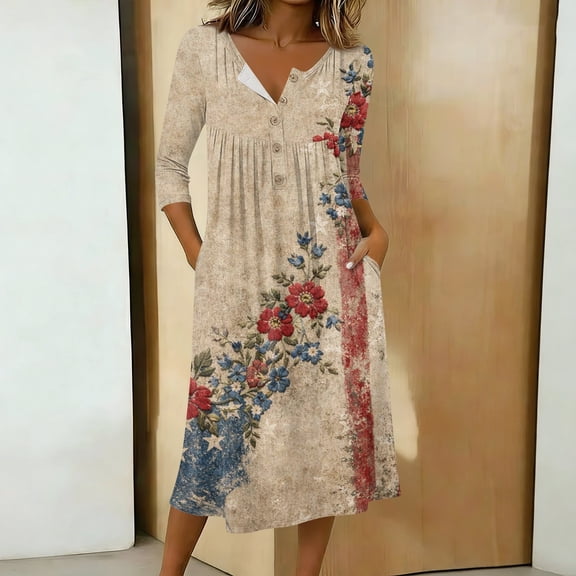 Midi Dresses for Women Button Down 3/4 Sleeve V-Neck Patriotic American Flag A-Line Midi Casual Summer Beach Vacation Sundress with Pockets