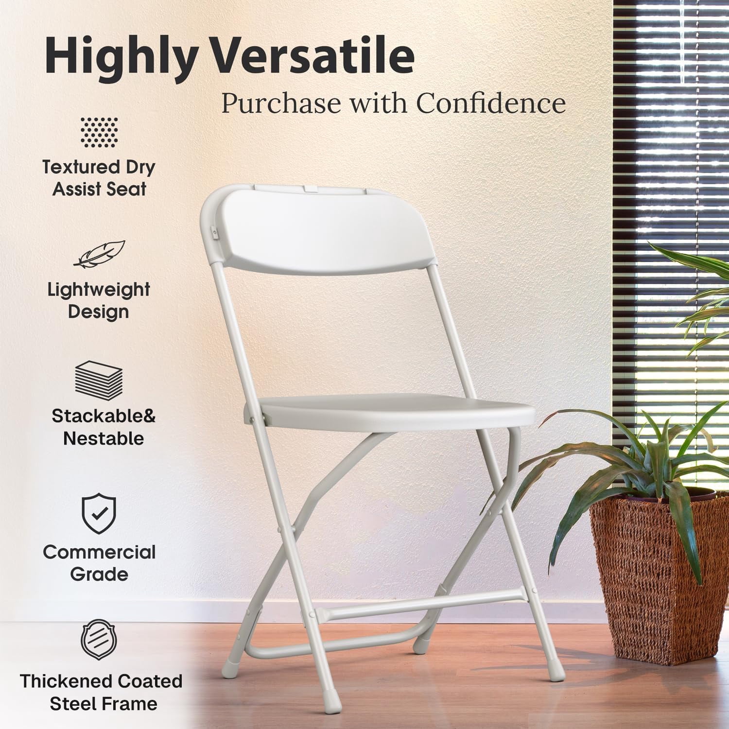 Behome 10 Pack Folding Chairs, Indoor Outdoor Stackable Event Chairs Commercial Seat for Dining, Kitchen,Wedding,Party,Office, 400lbs Capacity,White