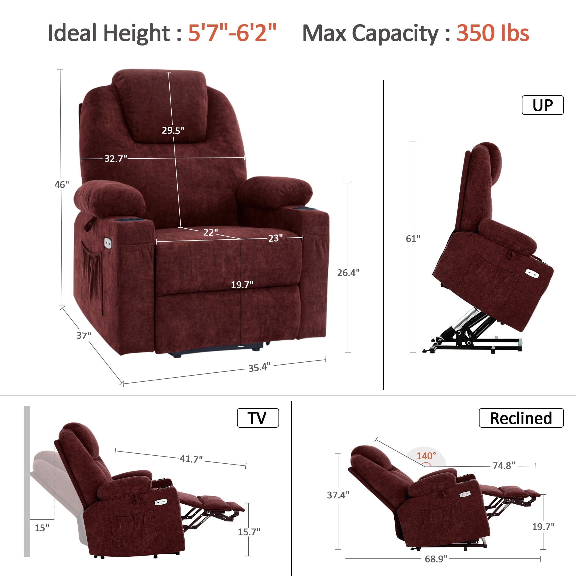 MCombo Large Power Lift Recliner Chair Sofa with Massage and Heat for Big and Tall Elderly People, 3 Positions, Cup Holders, and USB Ports, Extended Footrest, Fabric 7516(Large,Carmine Red)