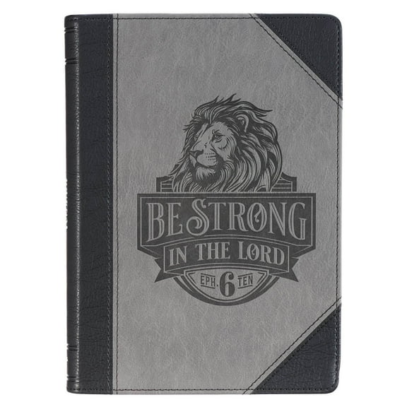 Christian Art Gifts Inspirational Journal, Be Strong in the Lord Wide Ruled Notebook, Eph. 6:10 Bible Verse, Gray Vegan Leather Lion, 336 Lined Pages w/scripture, (8.6” x 6.1” x .9”)