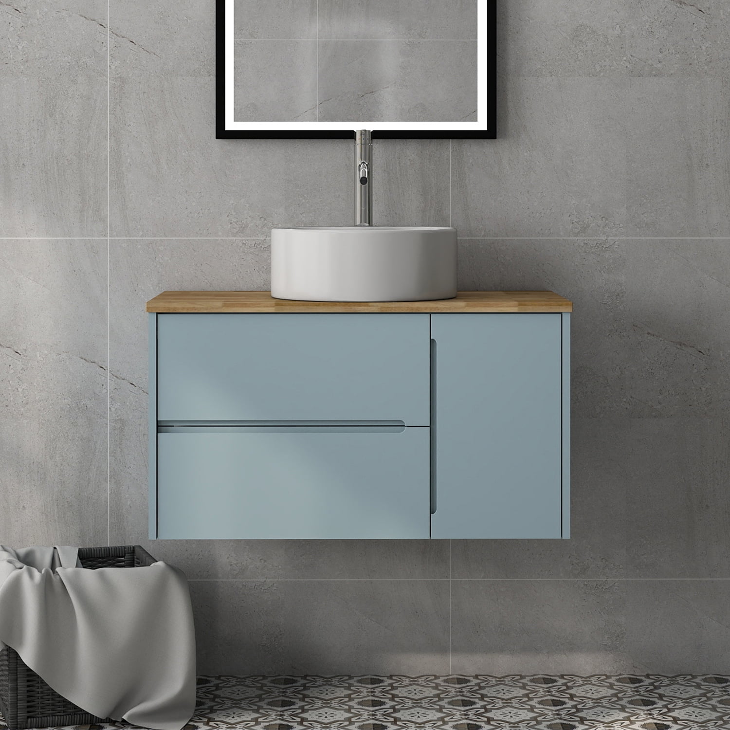 Demi Bonn 35" Single Door Wall Mounted Bathroom Vanities Cabinet with Ceramic Sink, 2 Drawers, Faucets and Drains Not Included, Blue