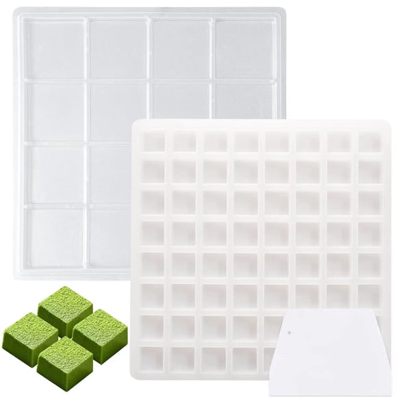 AIKEFOO 64-Cavity Square Caramel Candy Silicone Molds,Chocolate Truffles Mold,Whiskey Ice Cube,Grid Fondant Mould,Hard Candy Gummy Jelly Mold With 1 Baking Scraperand and PET Trays