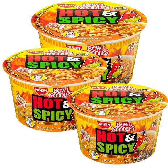 Nissin Hot & Spicy Shrimp Noodle Bowl, 3.27 OZ Microwavable and Spoonable Noodles & Soup (Pack of 3)