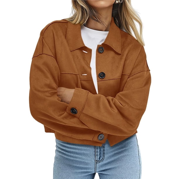 Chaqueta Corta de Ante Sintético para Mujer, Informal, Ligera, para Otoño e Invierno. Marrón XL