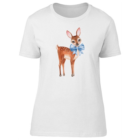 Cute Baby Deer With Blue Ribbon T-Shirt Women -Image by Shutterstock, Female Small