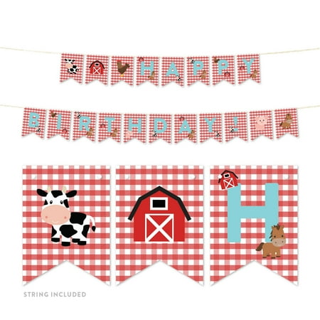 Left Side Banner - Red Farmhouse Barnyard Birthday, Hanging Pennant Party Banner with String, Happy Birthday!, 5-Feet, 1 Set